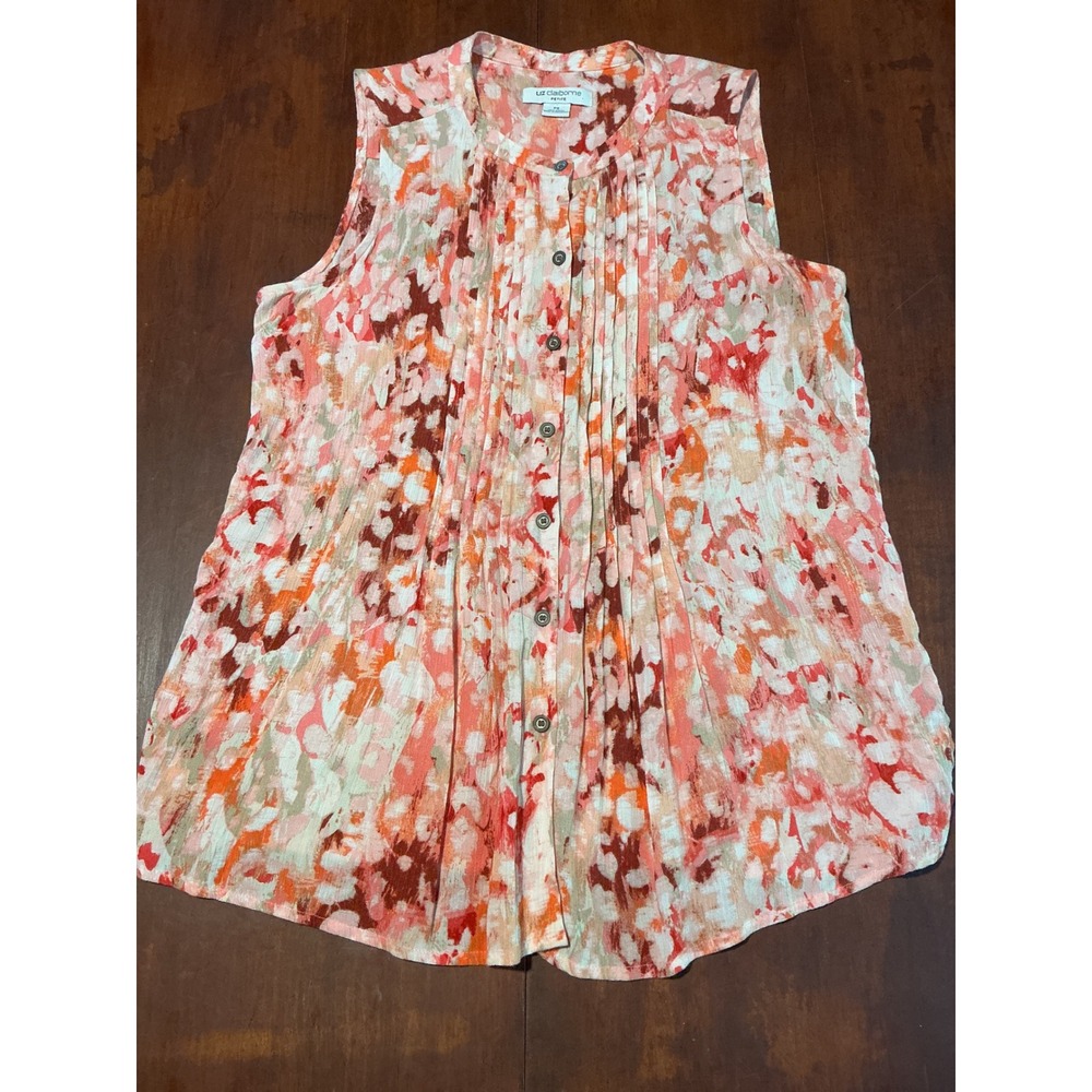 Liz Claiborne Petite PS Sleeveless Pintuck Blouse Coral Orange Abstract Floral